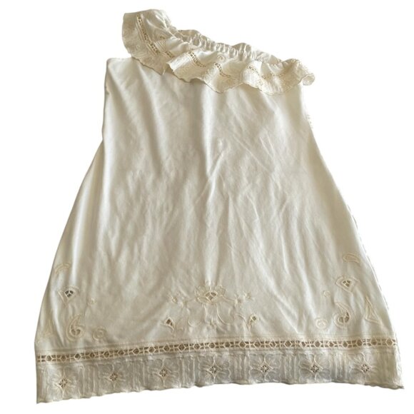 Pho Firenze One Shoulder Shift Mini Dress Small S Cream Knit Embroidered Eyelet - Picture 4 of 8